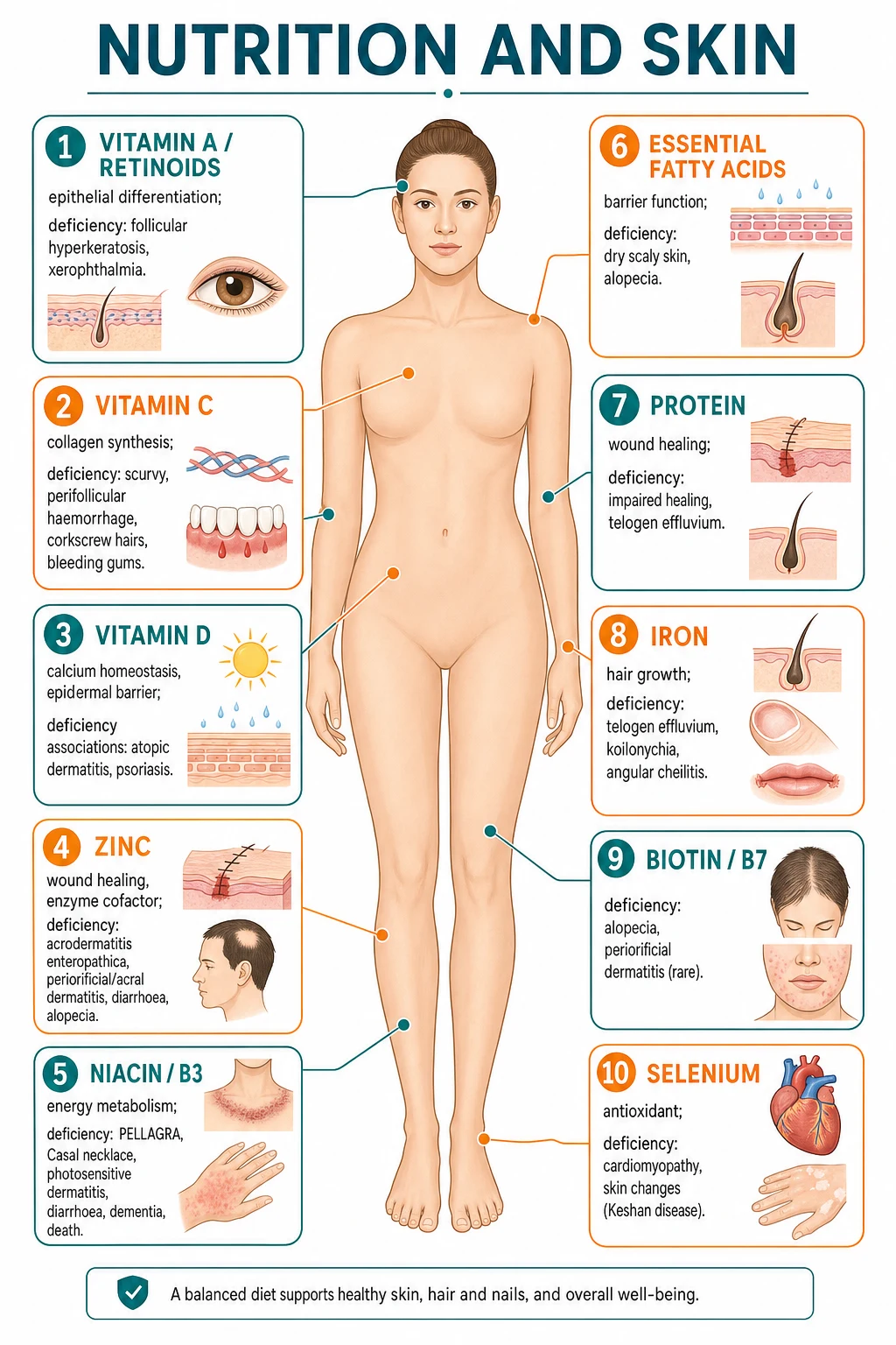 Body diagram with nutrient callouts: vitamin A vitamin C vitamin D niacin zinc iron EFA protein and their skin roles