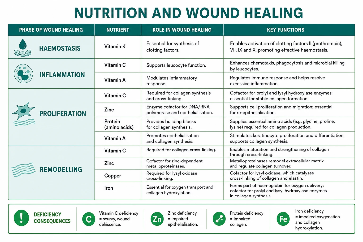 Key nutrients by wound healing phase: haemostasis requires vitamin K, inflammation requires vitamin C and A, proliferation requires vitamin C collagen zinc epithelialisation protein amino acids, remodelling requires vitamin C zinc copper iron