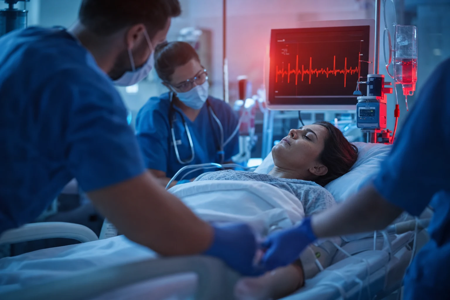 Cinematic ICU scene of a postpartum patient during an emergency with a team in soft focus, a cardiac monitor showing a dangerous rhythm, emergency IV equipment and a rapid infuser, dramatic clinical-blue lighting with an intense red urgency glow