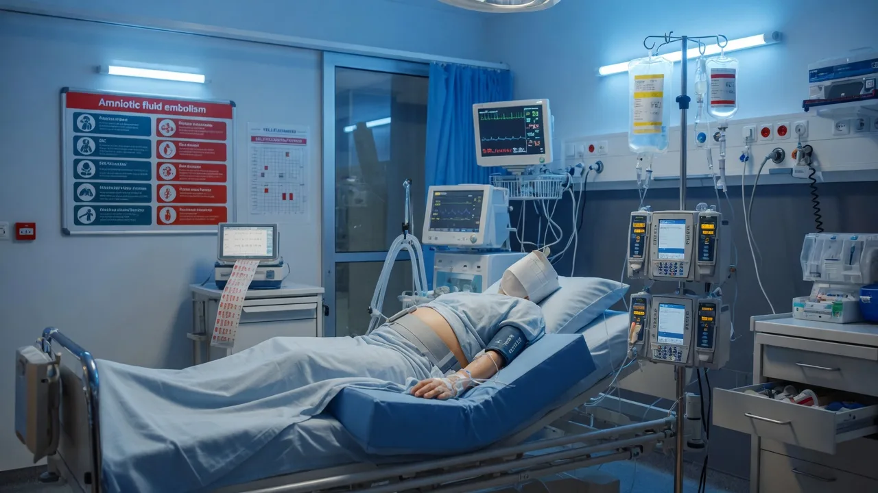 Cinematic ICU scene of obstetric ICU emergencies — a peripartum patient, magnesium sulphate for eclampsia, a labetalol infusion for blood pressure, a left-lateral tilt on the bed, an amniotic-fluid-embolism alert, clinical-blue lighting, medical educational, no faces, no text