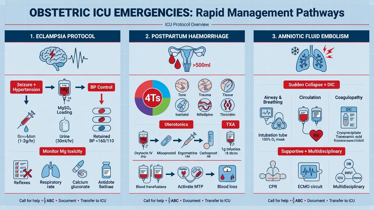 Educational three-panel obstetric ICU management: eclampsia magnesium and BP control, postpartum haemorrhage 4Ts and TXA, amniotic fluid embolism supportive resuscitation