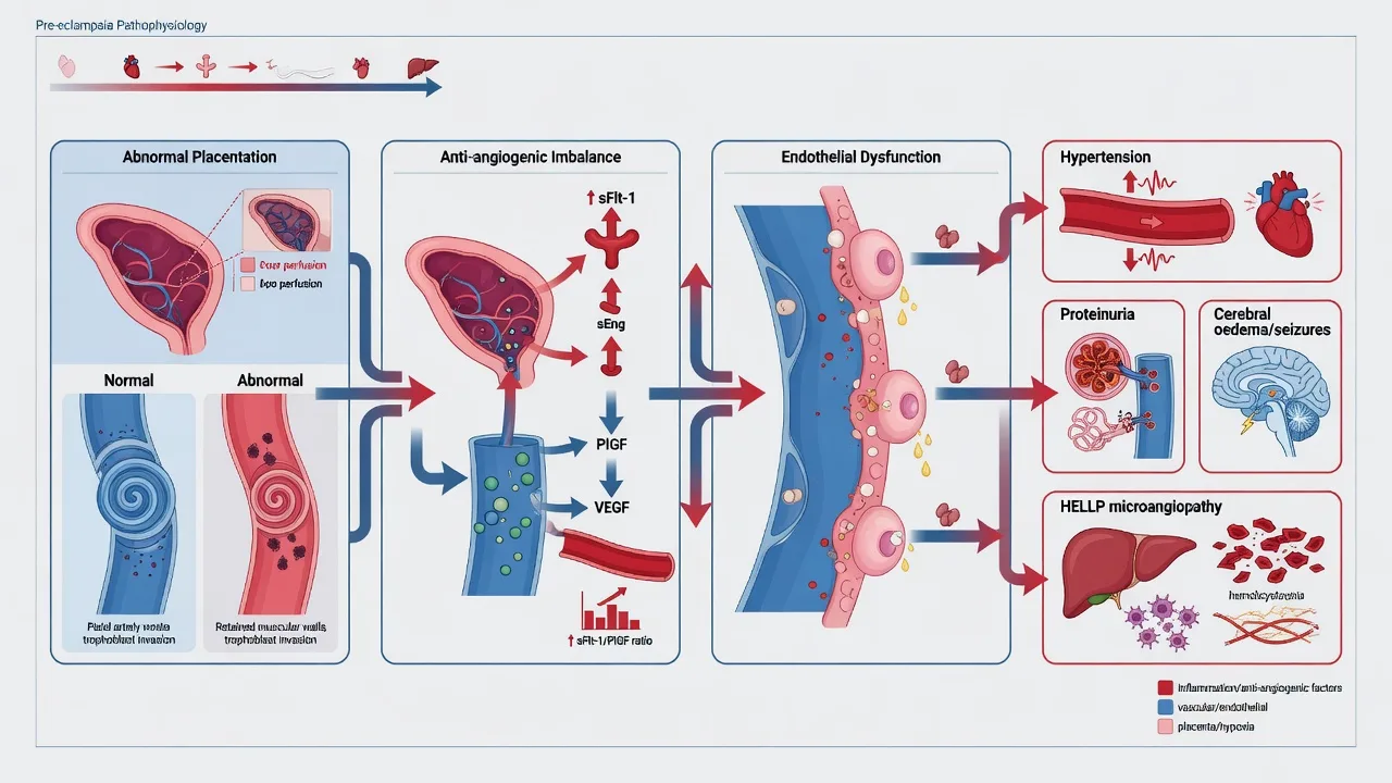 Educational schematic of pre-eclampsia pathophysiology: abnormal placentation, anti-angiogenic imbalance, endothelial dysfunction, hypertension, proteinuria, cerebral oedema, HELLP