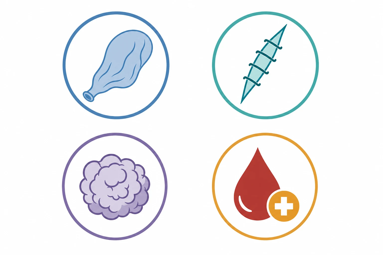 Four flat-icon tiles in a 2x2 grid: a limp balloon (Tone), a stitched tear (Trauma), a retained clump (Tissue), and a blood-drop with cross (Thrombin), each in a muted colour, on a white clinical-blue background