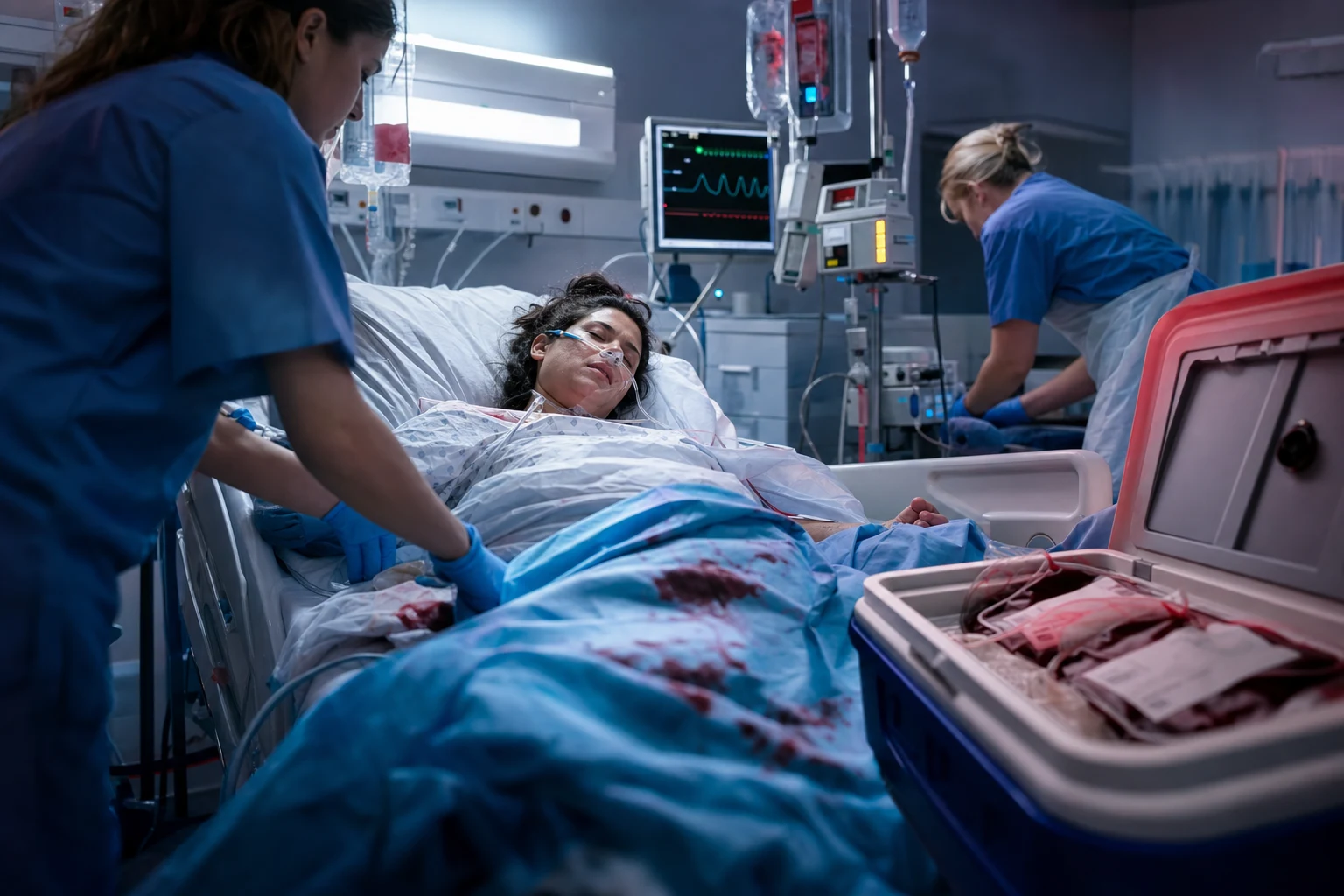 Cinematic ICU scene of a pale unwell postpartum patient with blood-soaked drapes at the foot of the bed, a massive-transfusion cooler with red blood cell units, a rapid infuser running, cardiac monitor showing tachycardia, red urgency glow, clinical-blue lighting