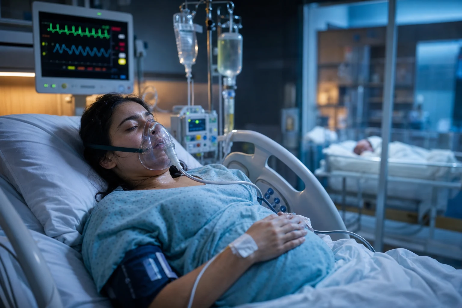 Cinematic ICU scene of a breathless postpartum patient with an oxygen mask, cardiac monitor showing tachycardia, diuretic and beta-blocker IV infusions, a newborn cot in soft focus behind, clinical-blue lighting