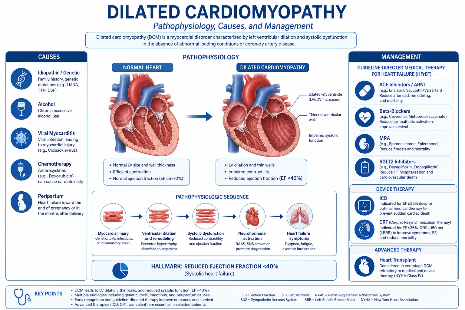 Educational diagram of dilated left ventricle with reduced ejection fraction in peripartum cardiomyopathy, pregnancy physiology stress and inflammatory-hormonal hypotheses, clinical illustration style