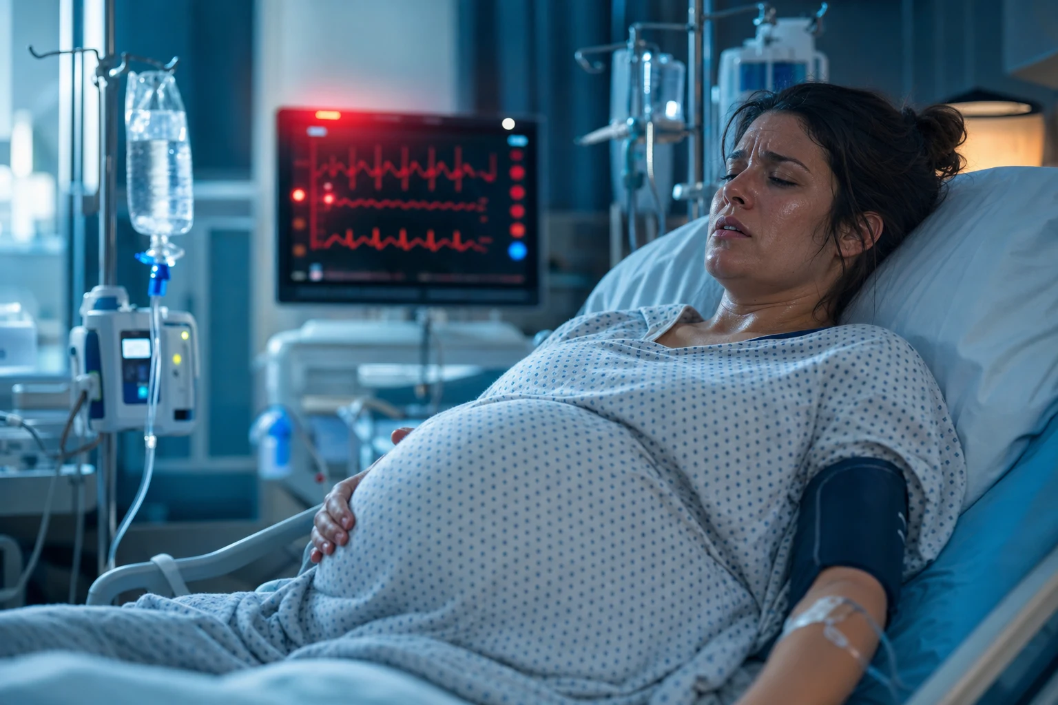 Cinematic ICU scene of a pregnant third-trimester patient looking unwell and diaphoretic, a cardiac monitor showing high blood pressure with a red warning glow, an IV magnesium sulfate infusion running, clinical-blue lighting