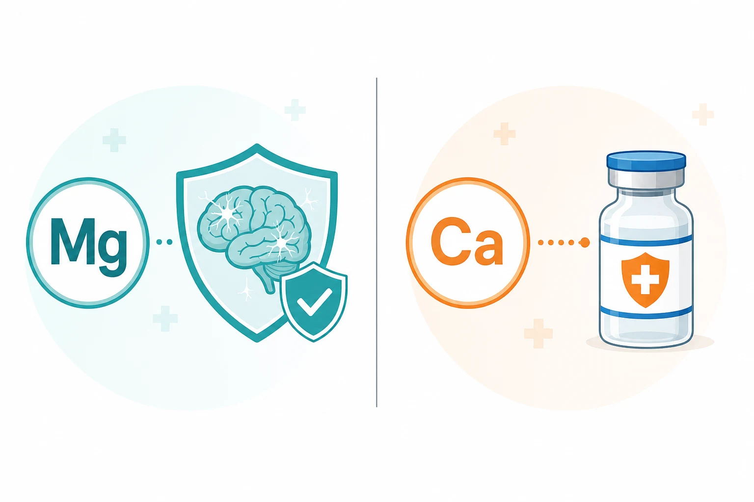 Two side-by-side panels: left teal with an Mg-symbol and a brain-shield (anticonvulsant); right warm orange with a Ca-symbol and a vial (antidote), on a white clinical-blue background