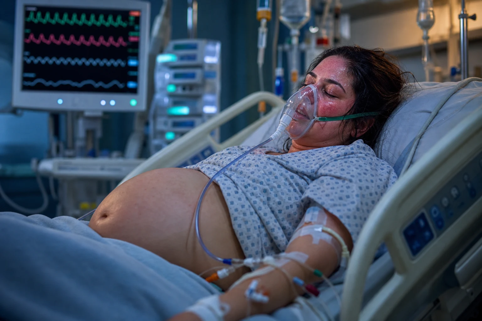 Cinematic ICU scene of a flushed feverish pregnant patient with an oxygen mask, multiple IV antibiotic and fluid lines running, cardiac monitor showing tachycardia, prominent gravid abdomen, clinical-blue lighting with warm amber fever tones