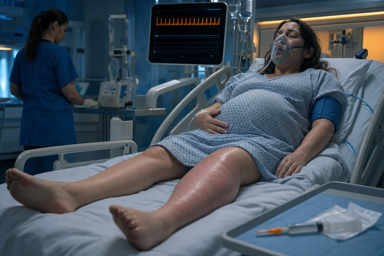 Cinematic ICU scene of a breathless pregnant patient with oxygen mask, cardiac monitor tachycardia, one leg more swollen than the other, an LMWH syringe at the bedside, clinical-blue lighting