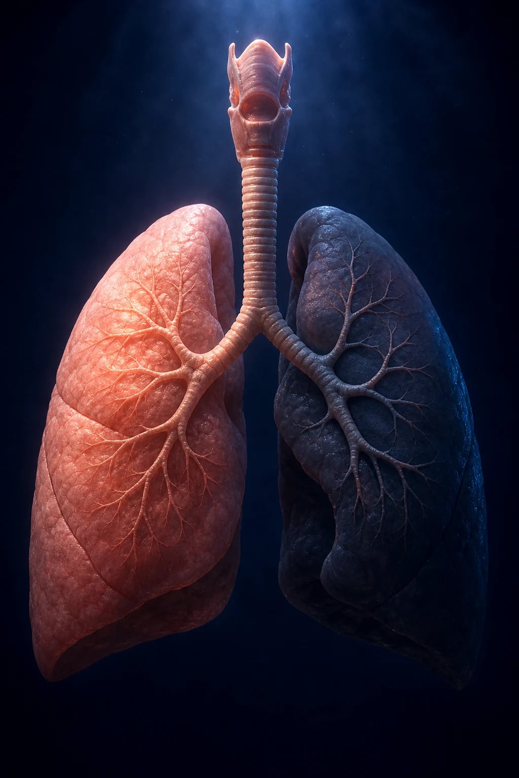 Cinematic 3D anatomical illustration of an upper airway tube partially collapsed mid-passage against a deep navy background
