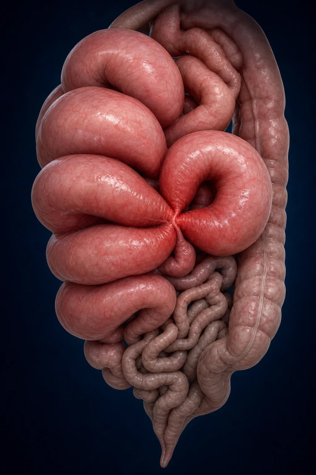 Cinematic clinical photograph of a plain abdominal radiograph display showing massive caecal and right-colonic dilation beside a remarkably pain-free patient, ICU setting, clinical-blue lighting, no text, no people