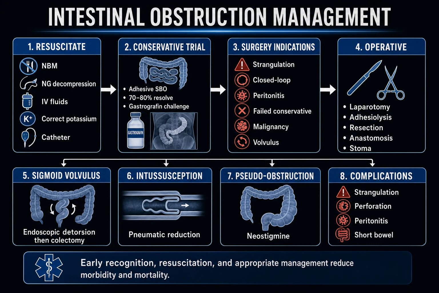 Management pathway for Ogilvie syndrome: NPO, decompress, exclude mechanical obstruction, neostigmine 2-2.5 mg IV, colonoscopy, surgery if perforation