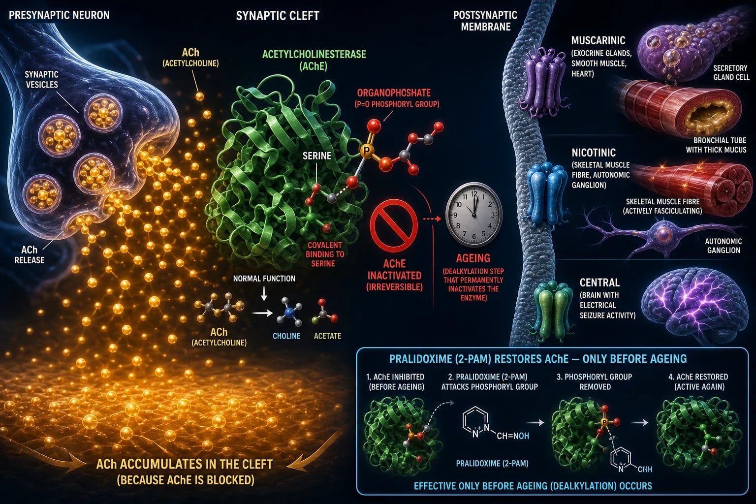Educational pathophysiology of organophosphate poisoning: acetylcholinesterase inhibition, acetylcholine excess at muscarinic nicotinic CNS synapses, aging of enzyme-OP complex, clinical-blue diagram