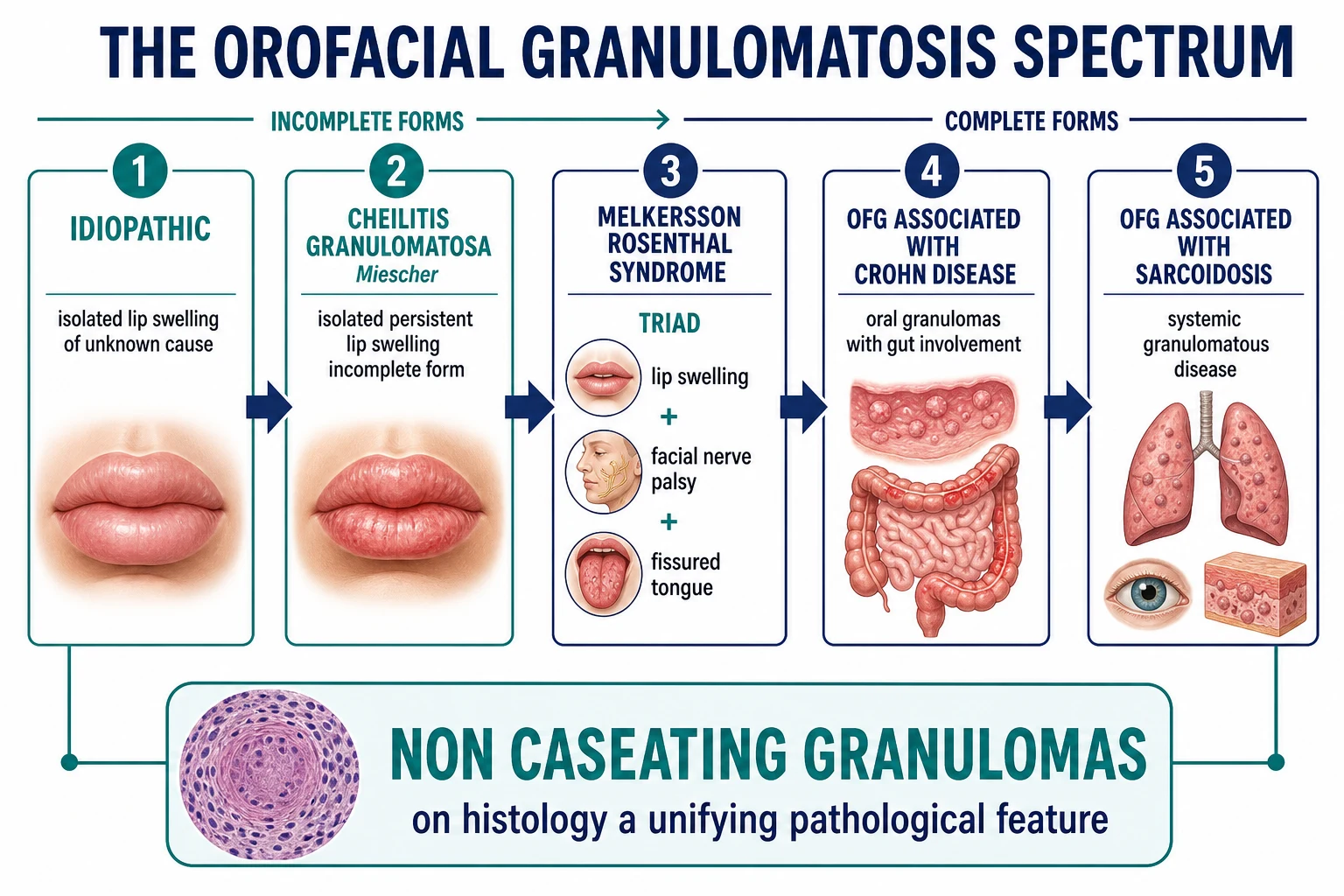 Spectrum diagram showing OFG classification from idiopathic cheilitis granulomatosa through incomplete and complete Melkersson-Rosenthal syndrome to OFG associated with Crohn's disease and sarcoidosis, all unified by non-caseating granulomas