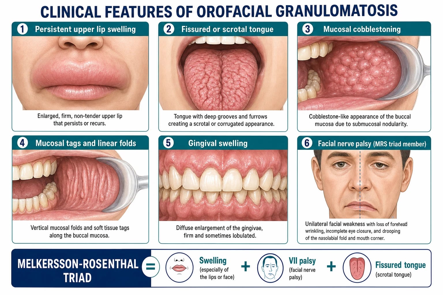 Grid of stylized clinical illustrations showing persistent upper lip swelling, fissured scrotal tongue, buccal mucosal cobblestoning, mucosal tags and linear folds, gingival swelling, and facial nerve palsy in orofacial granulomatosis