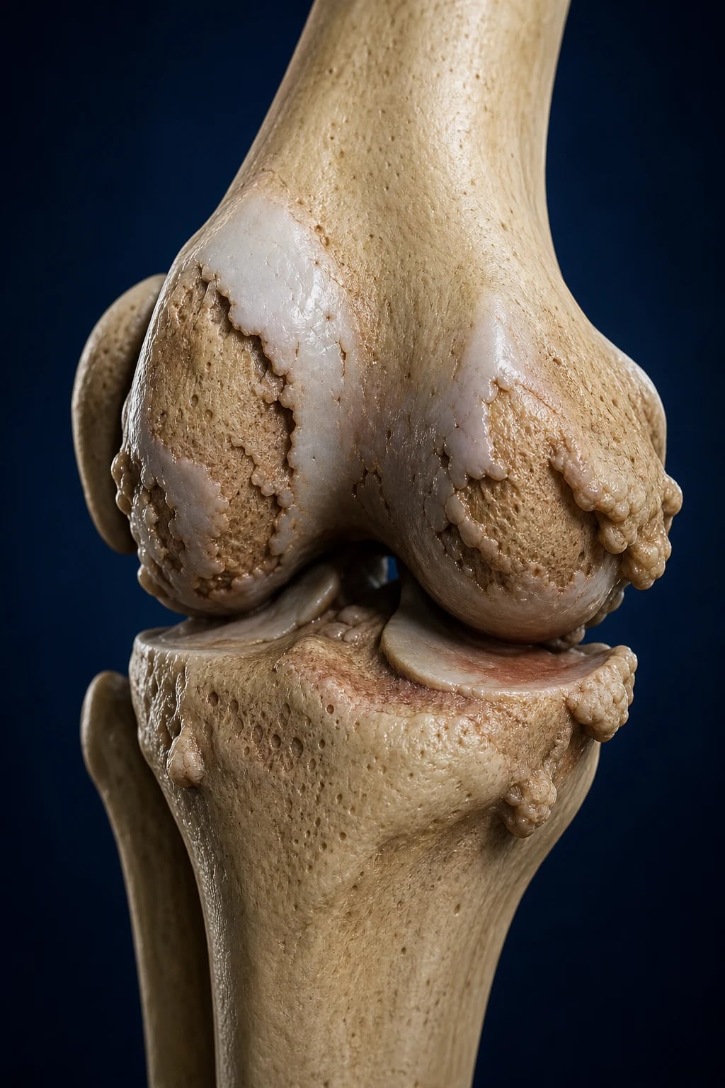 Cinematic 3D close-up of a knee joint with thinned worn articular cartilage exposing bone, bony outgrowths (osteophytes) at the margins, and subchondral bone thickening, against a deep navy background