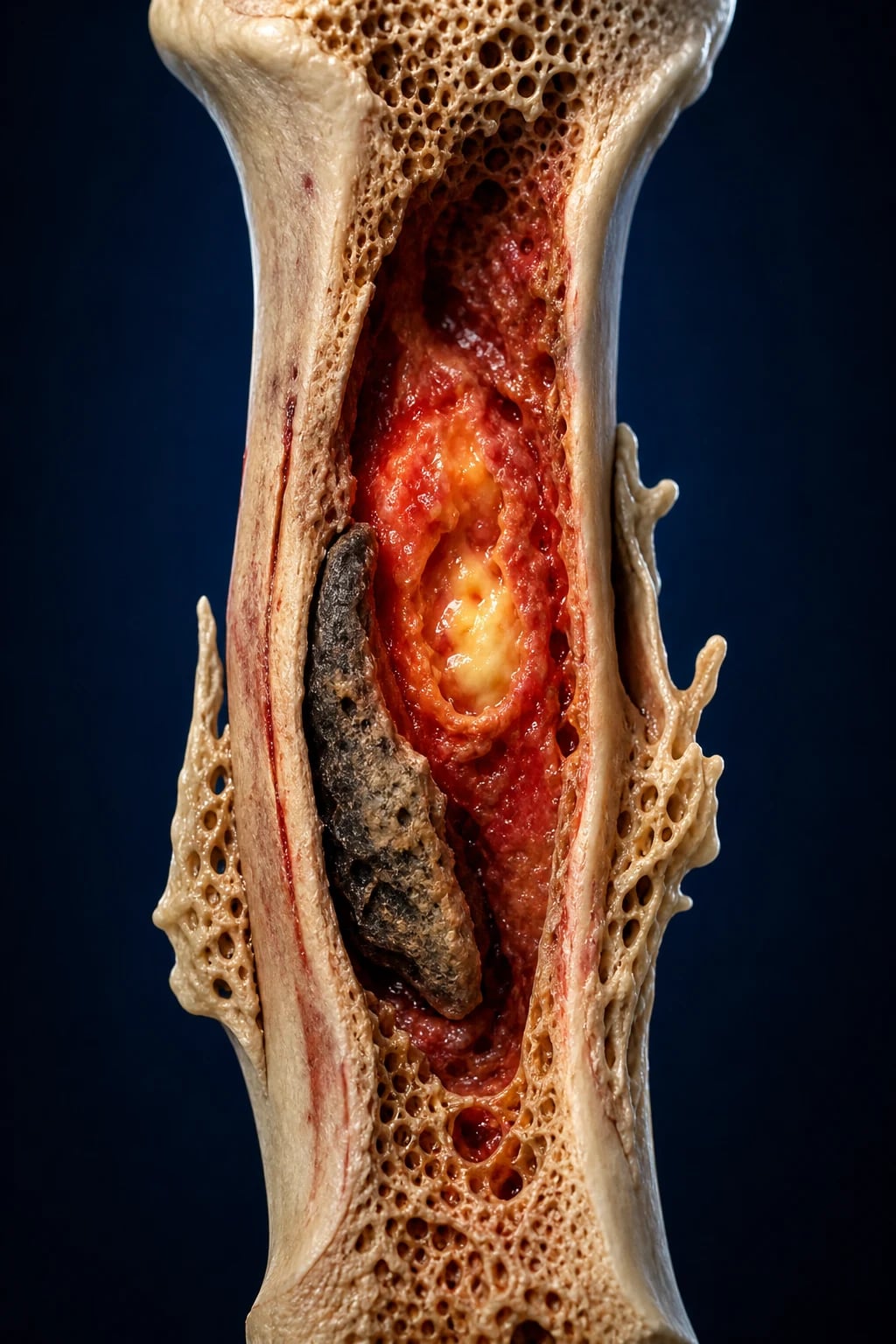Cinematic 3D close-up of a long bone cross-section with cortical bone, medullary cavity and periosteum, Staphylococcus aureus cocci invading marrow, neutrophil infiltrate, dead sequestrum fragment and reactive involucrum, deep navy background
