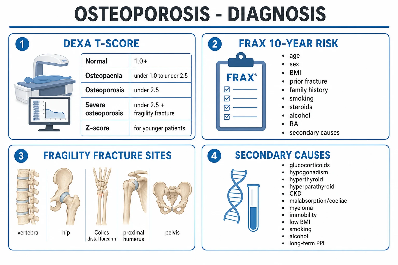 Clean stepwise management infographic: universal lifestyle and nutrition base layer; bisphosphonate first-line; denosumab alternative antiresorptive; anabolic agents (teriparatide, romosozumab) for very-high-risk; drug holiday concept; never stop denosumab without transition, deep navy background