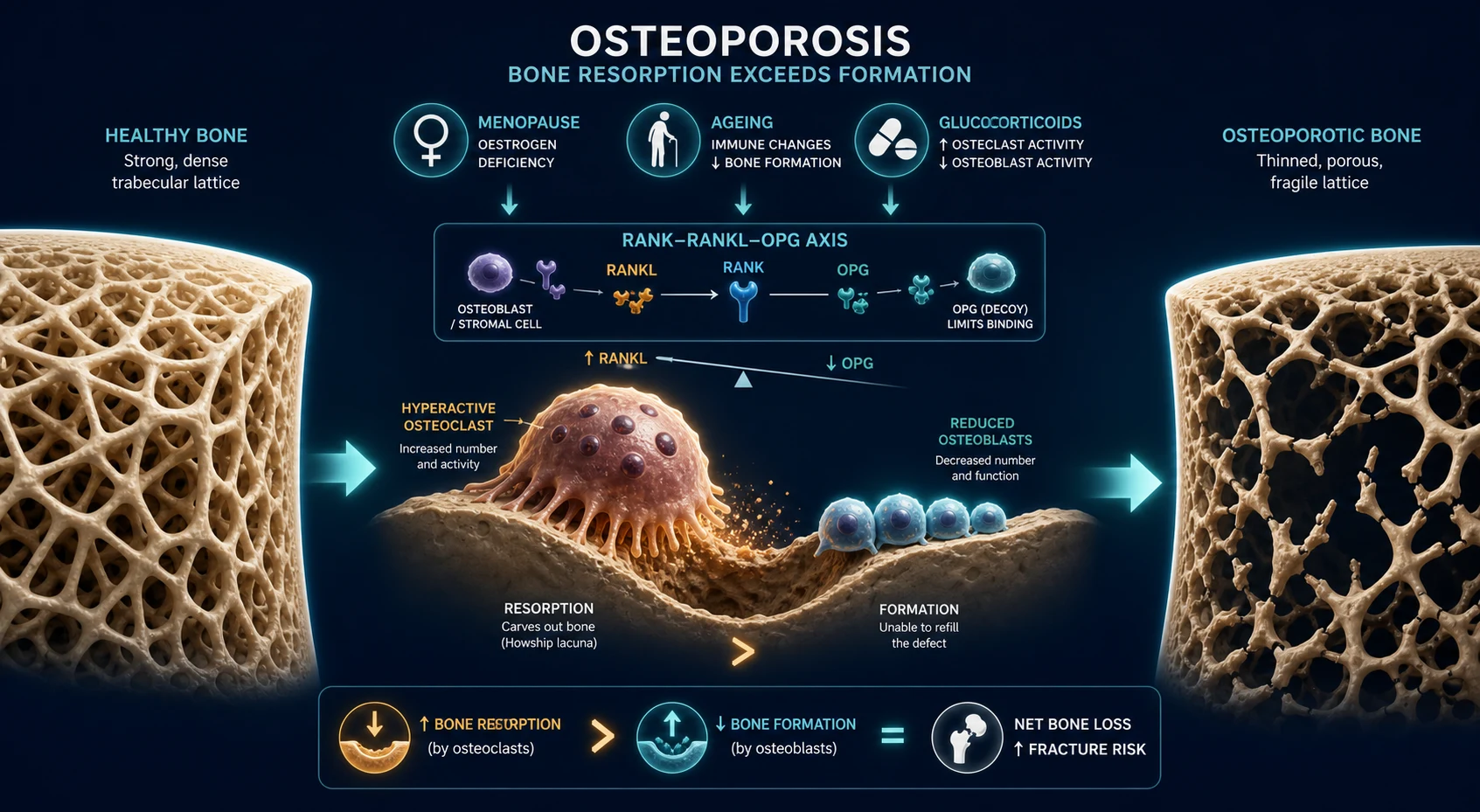 Clean horizontal pathophysiology cascade: oestrogen deficiency and ageing uncouple bone remodelling; RANKL/OPG/M-CSF axis driving osteoclastogenesis; Wnt-LRP5/6-sclerostin axis governing osteoblasts; trabecular thinning/perforation and cortical porosity; the four classical fragility fractures, deep navy background