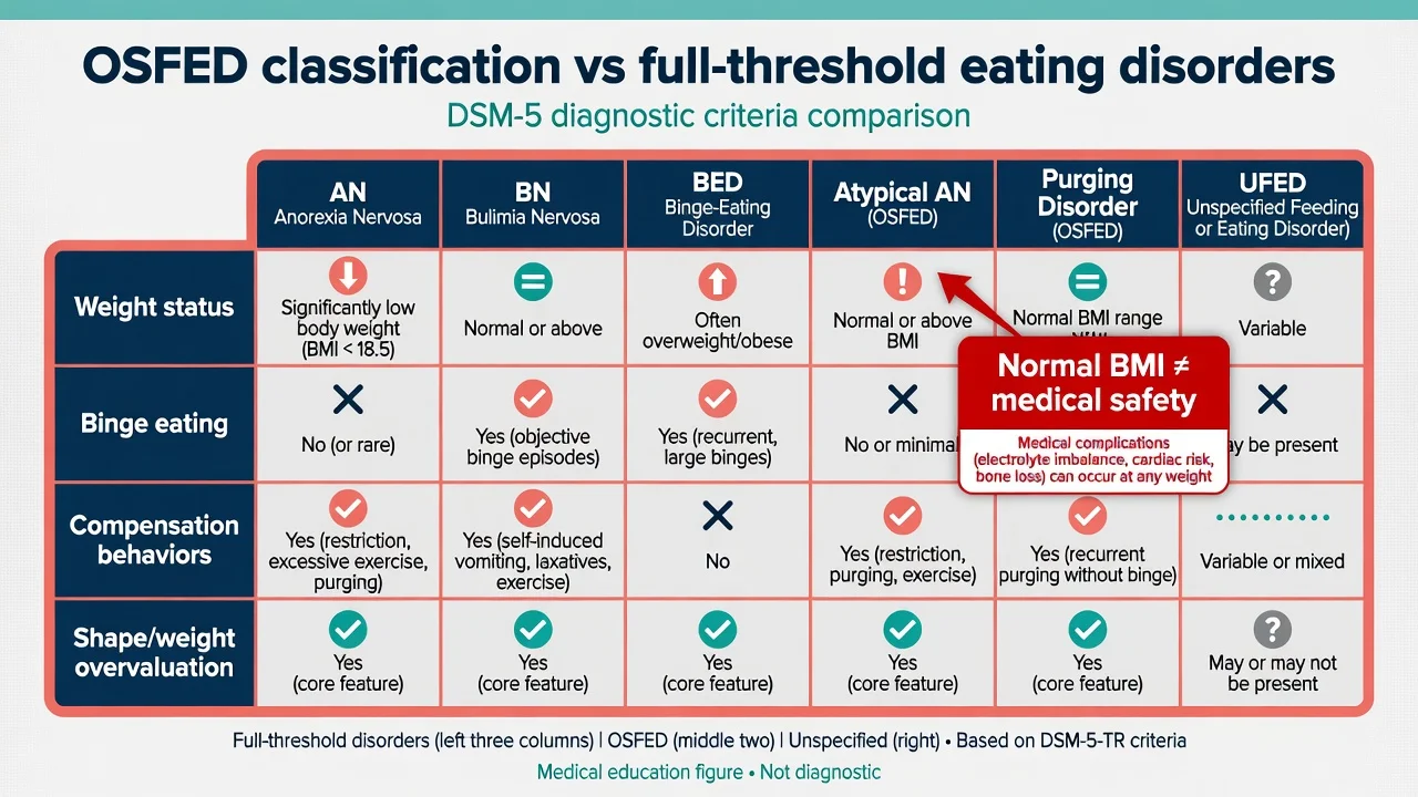 Classification comparison of full-threshold AN BN BED versus atypical AN purging disorder and UFED with emphasis on weight binge compensation and overvaluation