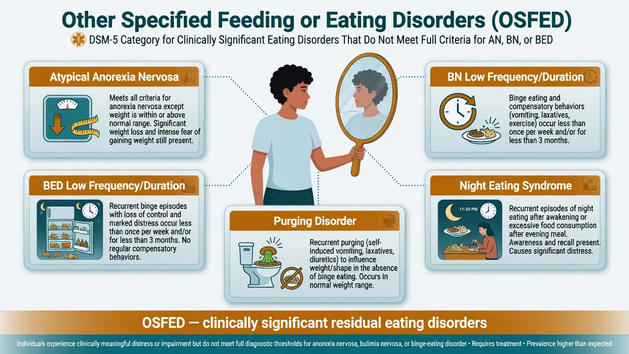 Educational overview of OSFED named examples including atypical anorexia, subthreshold BN and BED, purging disorder, and night eating syndrome