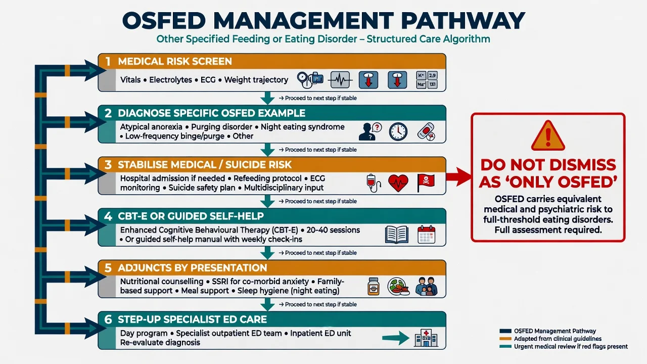 Stepped OSFED management algorithm from medical risk screen through CBT-E and specialist escalation