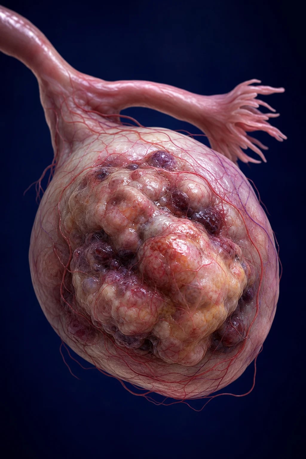Ovarian anatomy, tumour types, and transcoelomic spread pattern.