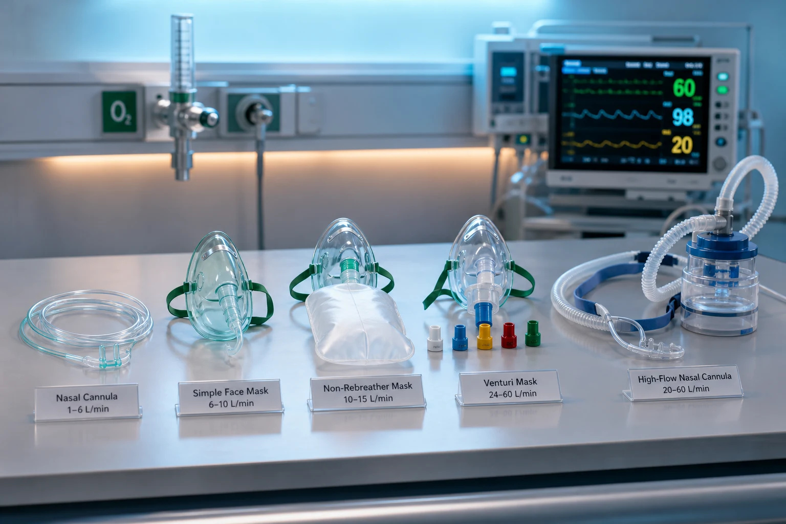 Oxygen delivery device ladder from nasal cannula to HFNC NIV invasive ventilation with SpO2 titration