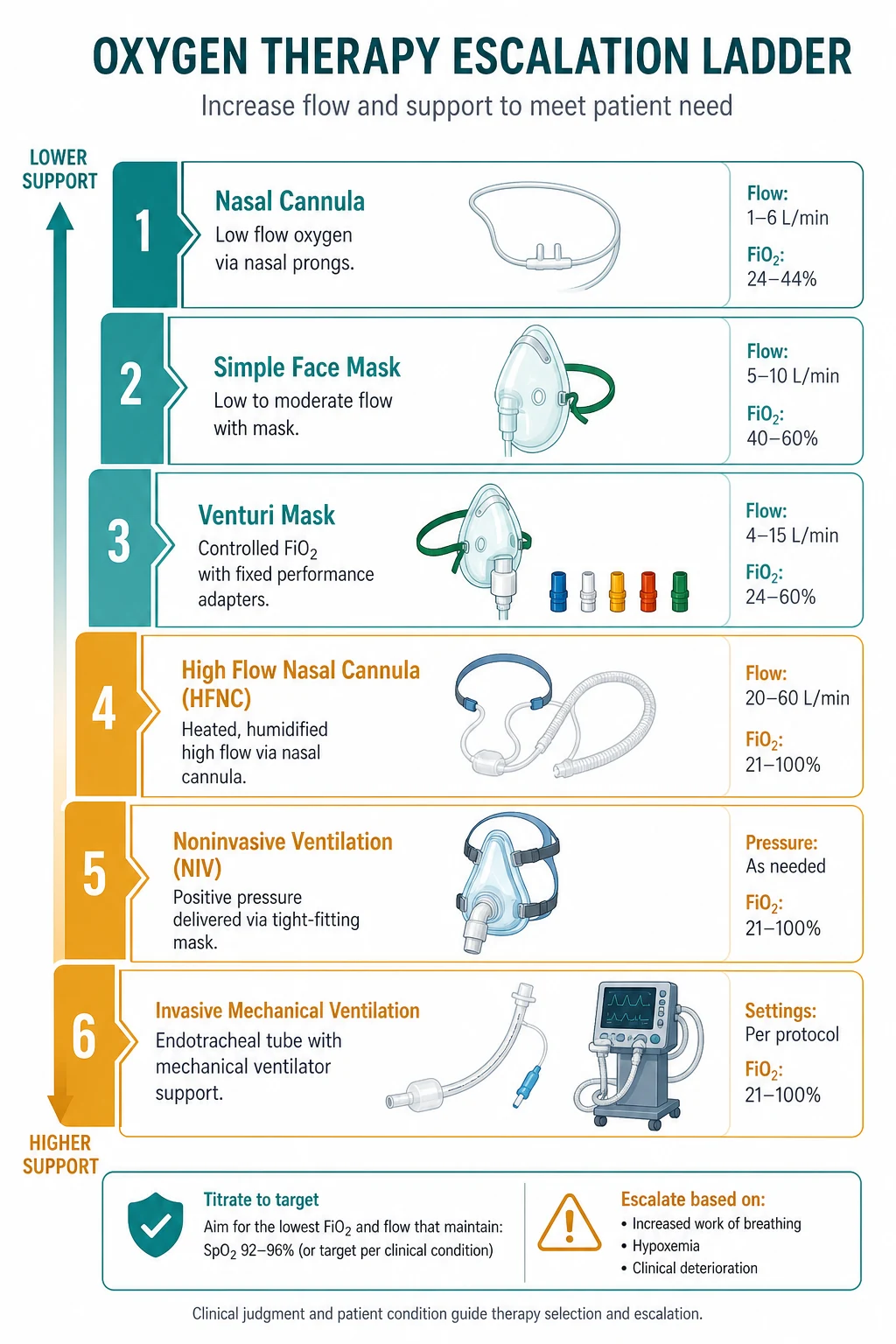 Rising five-step staircase infographic on a white clinical-blue background: nasal cannula 24 to 44 per cent, simple mask 35 to 60 per cent, reservoir mask 60 to 90 per cent, Venturi fixed 24 to 60 per cent, high-flow nasal cannula up to 100 per cent; banner 'SpO2 target 94 to 98 per cent (most); 88 to 92 per cent in COPD or hypercapnia risk'. Flat vector illustration, crisp typography.