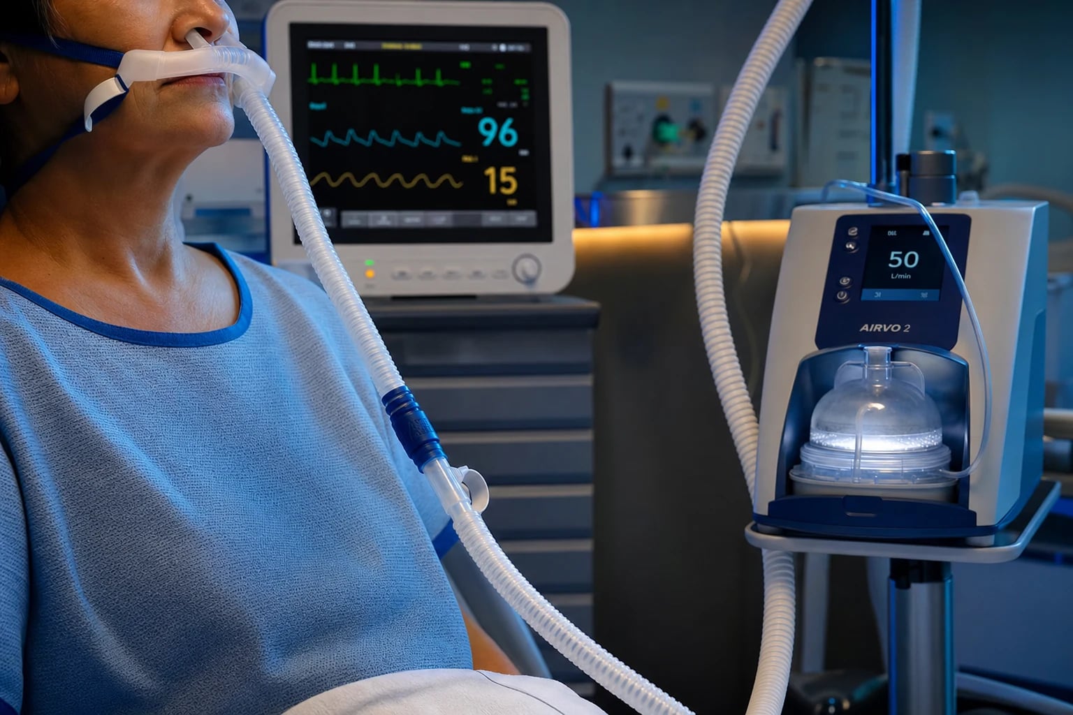 Cinematic ICU scene of a patient on high-flow nasal cannula with large-bore nasal prongs delivering heated humidified oxygen, an HFNC unit displaying flow and FiO2, a monitor showing improving oxygenation, clinical-blue lighting, no faces, no text