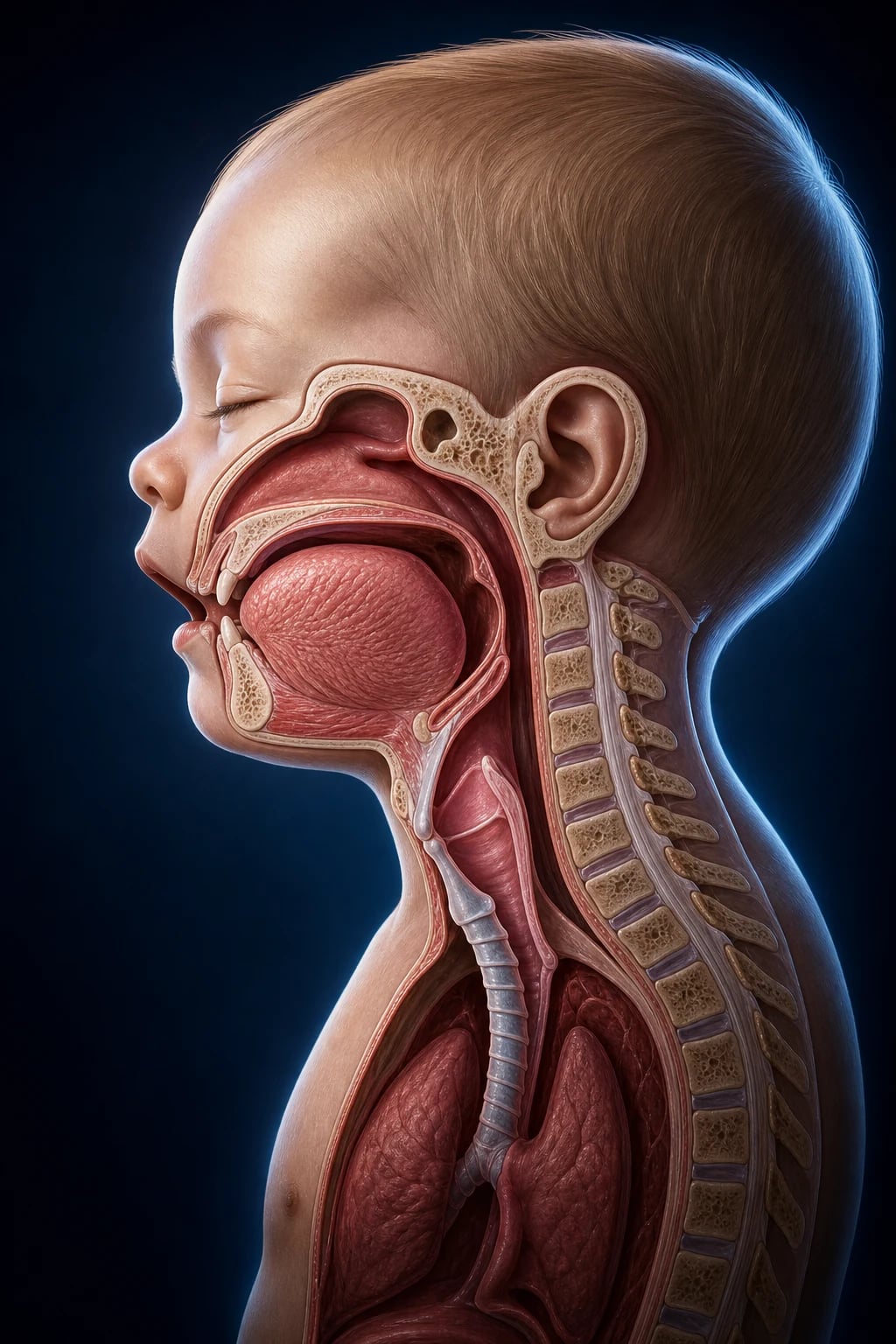 A clean clinical infographic on a white background comparing the paediatric airway (left) with the adult airway (right) as two labelled anatomical side-profile cross-sections, with leader lines marking the large occiput, large tongue, high anterior larynx, long epiglottis and funnel-shaped subglottis with cricoid as the narrowest point in the child, and the low larynx and cylindrical trachea with vocal cords as the narrowest point in the adult.