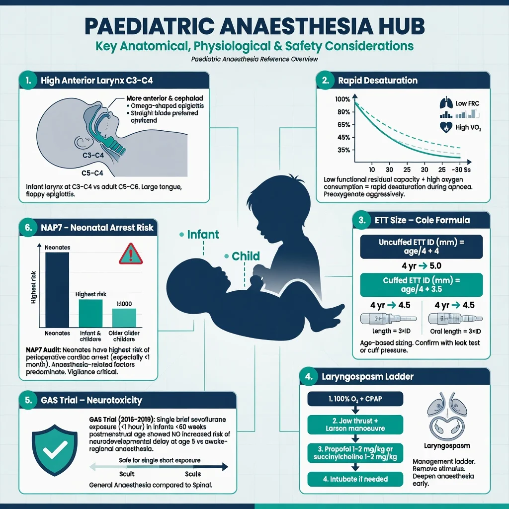 Paediatric anaesthesia hub overview with six high-yield panels