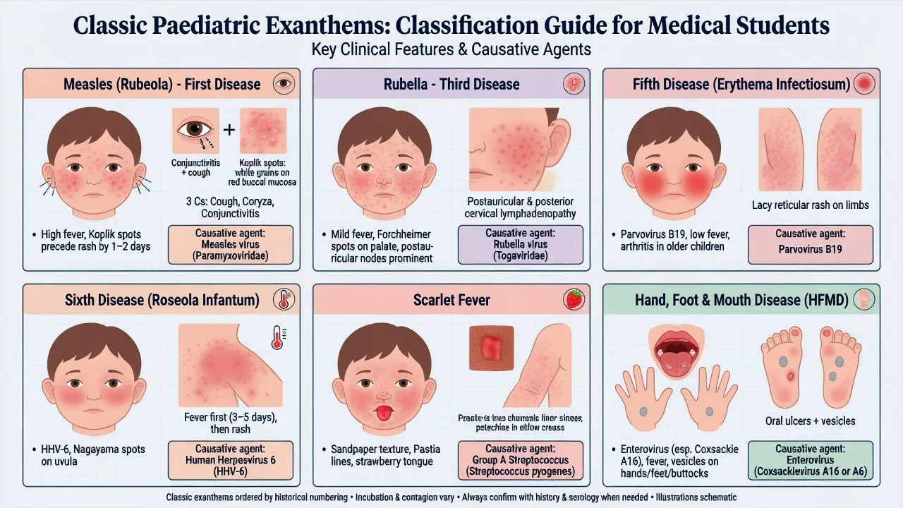 Classification panel of classic paediatric exanthems: measles, rubella, fifth disease, roseola, scarlet fever, hand-foot-and-mouth disease with morphology icons