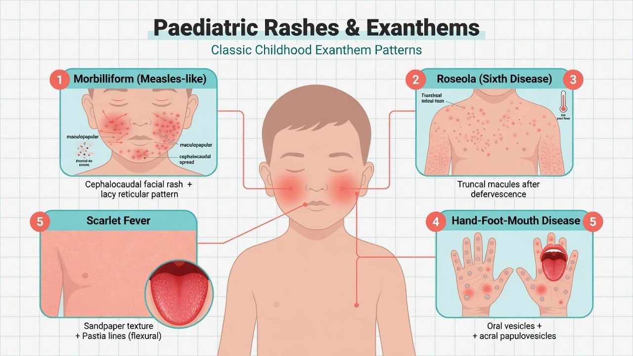 Educational hero diagram of paediatric rashes and exanthems showing classic childhood rash pattern icons around a child silhouette