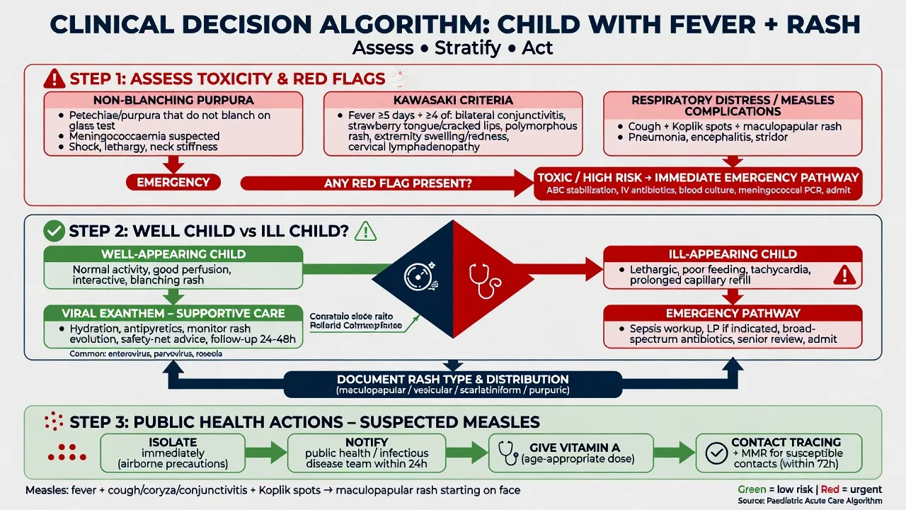 Clinical algorithm for child with fever and rash: toxicity and red flags first, then viral supportive care versus emergency pathways, plus measles public-health actions