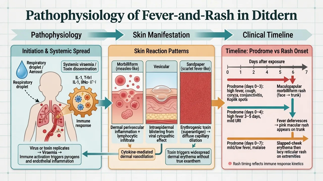 Pathophysiology schematic of fever and rash: viraemia or toxin, immune skin reaction patterns, and timing of rash relative to fever for measles versus roseola versus fifth disease