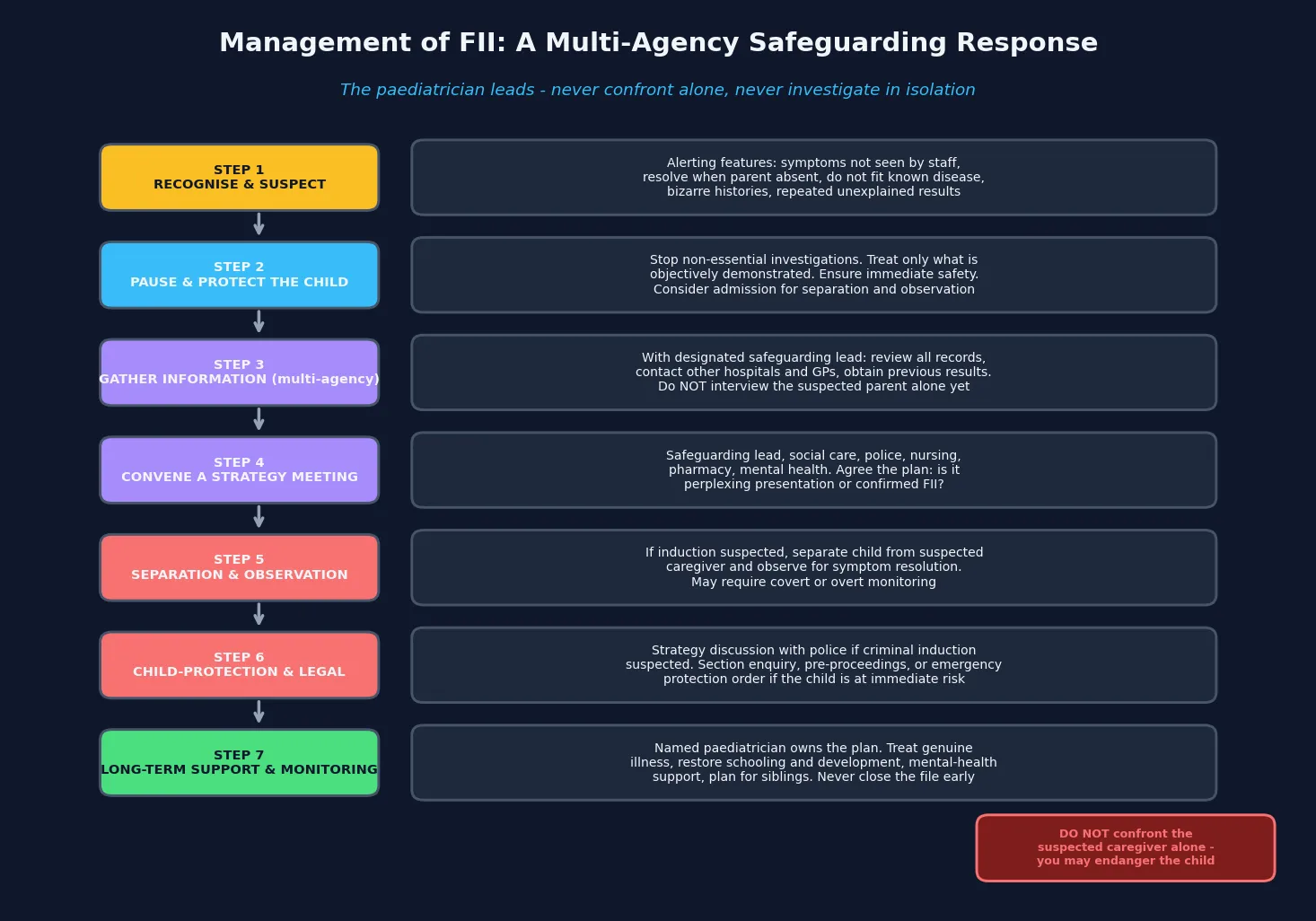 Stepped multi-agency safeguarding management algorithm for caregiver-fabricated or induced illness from recognise and suspect through pause and protect, gather information multi-agency, convene strategy meeting, separation and observation, child-protection and legal, to long-term support and monitoring, with a do-not-confront-alone warning panel