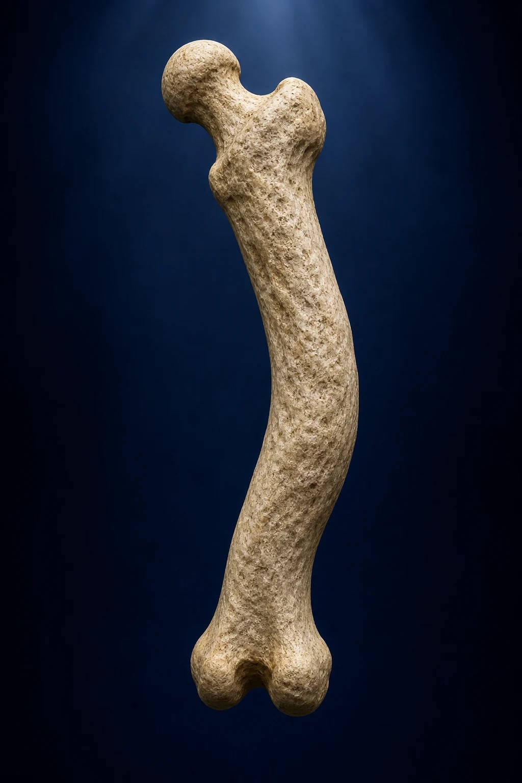 Cinematic 3D anatomical illustration of a thickened, coarsely-textured, bowed long bone, against a deep navy background
