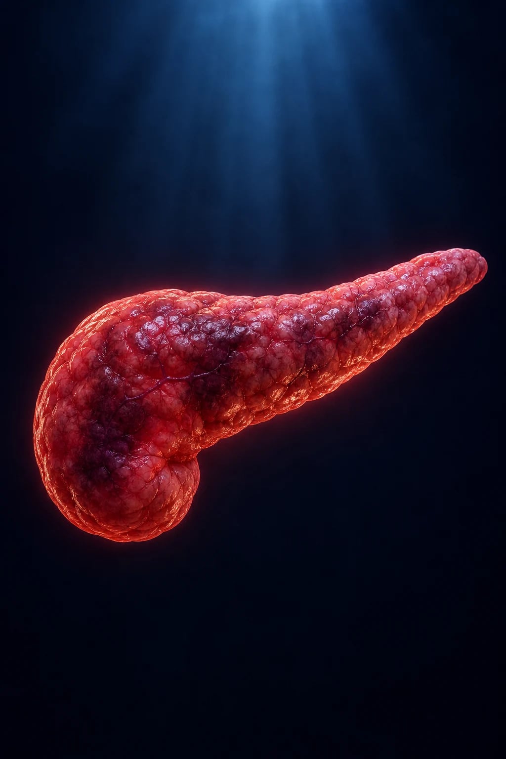 Cinematic clinical photograph of a CT display showing walled-off pancreatic necrosis beside a patient on organ support, ICU setting, clinical-blue lighting, no text, no people