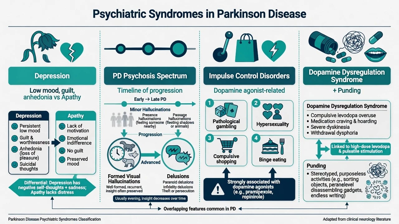 Classification diagram of depression, PD psychosis spectrum, impulse control disorders, and dopamine dysregulation syndrome in Parkinson disease