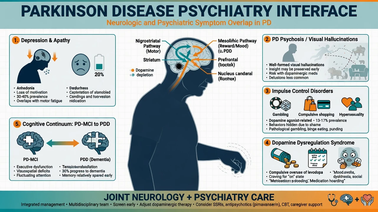 Educational overview of Parkinson disease psychiatry interface with panels for depression, psychosis, impulse control disorders, dopamine dysregulation, and cognitive continuum