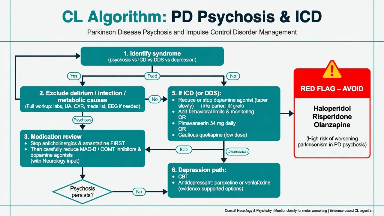 Consultation-liaison algorithm for PD psychosis and impulse control disorders including DRT simplification and antipsychotic choice