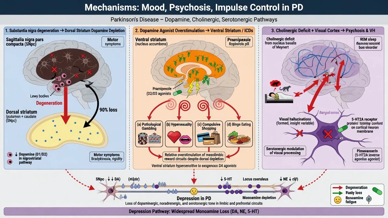 Pathophysiology diagram of dopamine pathway degeneration, ventral reward overstimulation by agonists, and visual-cholinergic mechanisms of PD psychosis