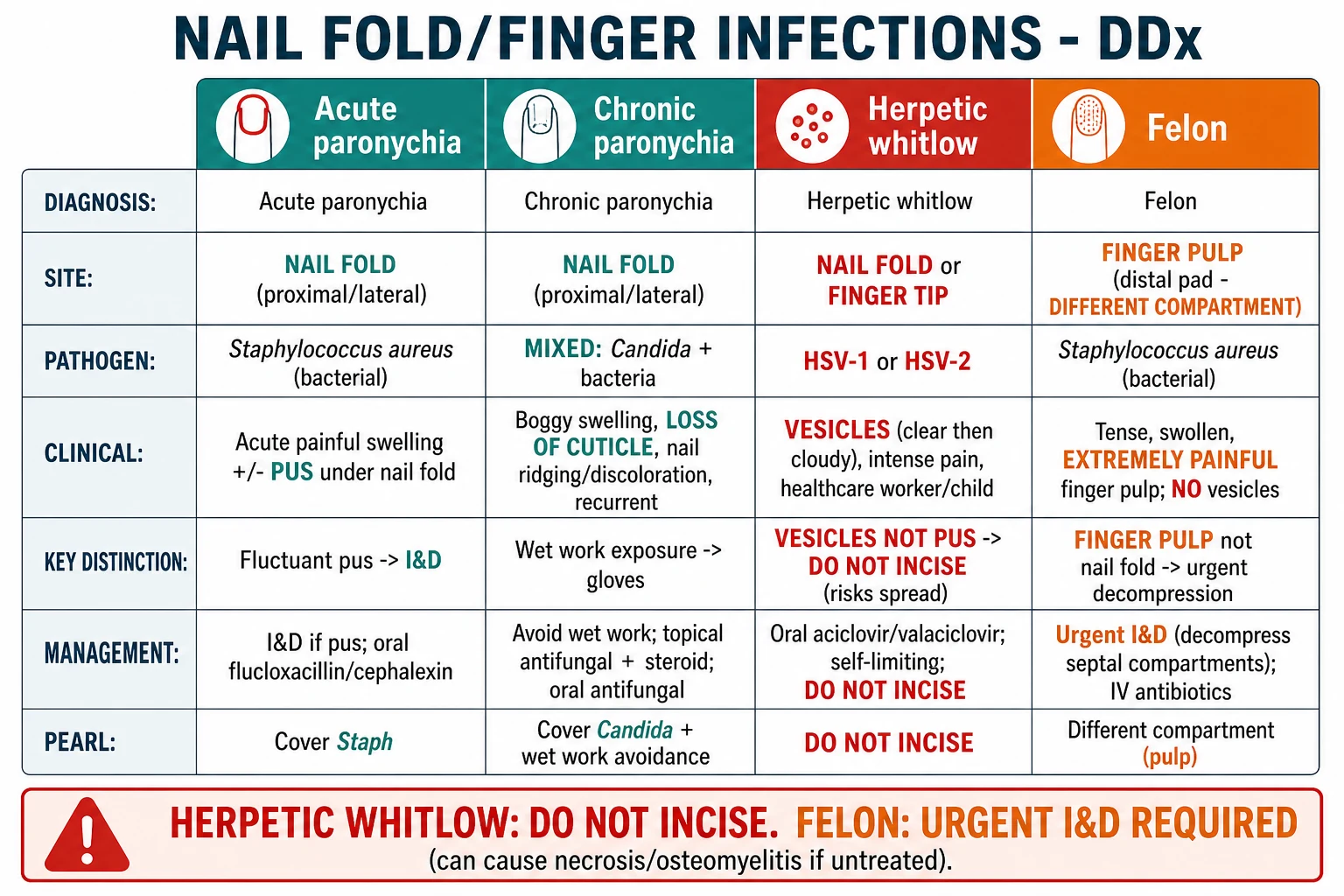 Side-by-side differential of nail-fold/nail-unit pathology: acute paronychia (pus lifting cuticle, Staph aureus), herpetic whitlow (vesicles, burning, no pus; PCR-positive HSV), felon (pulp abscess, different compartment), green nail (Pseudomonas, onycholytic plate), pyogenic granuloma (drug-induced, friable bleeding lesion), acrodermatitis continua (sterile pustules, pustular psoriasis), SCC nail unit (single-digit chronic disease), subungual melanoma (Hutchinson sign)