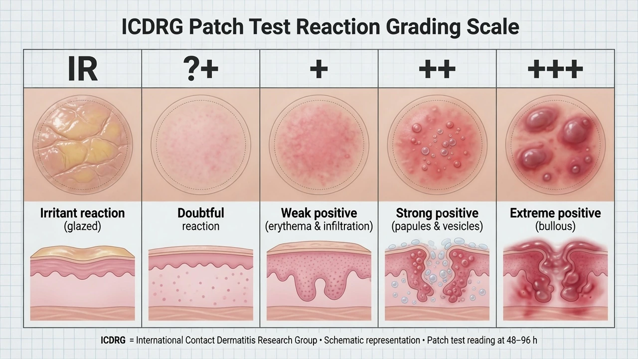 Five-panel educational schematic of ICDRG patch test grades from irritant and doubtful to weak strong and extreme positives
