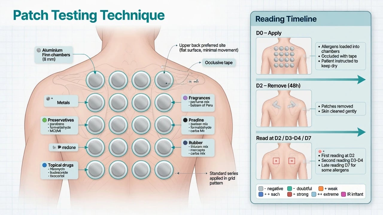 Educational schematic of Finn chamber patch test panels applied to the upper back with D0 apply, D2 remove, and D2/D4/D7 reading timeline