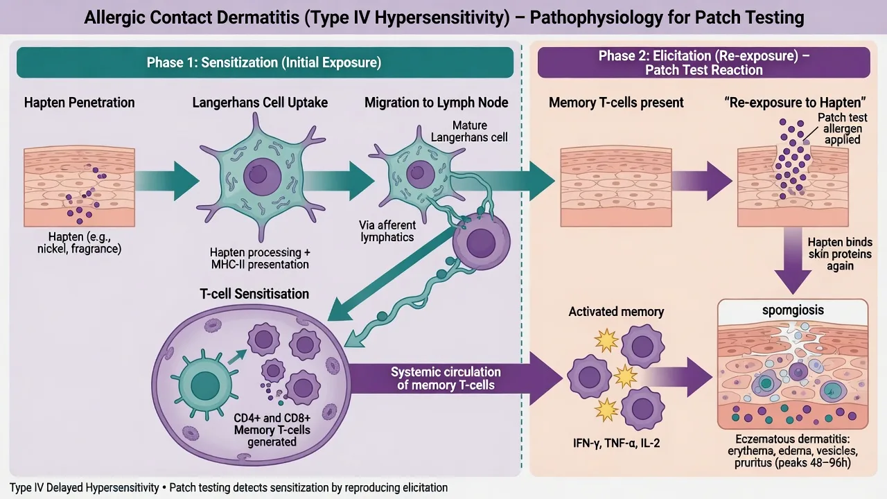 Two-phase schematic of allergic contact dermatitis sensitisation and elicitation used to explain patch testing biology