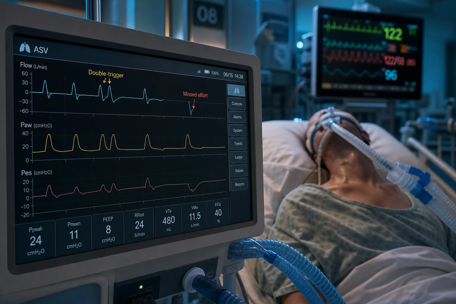 Cinematic ICU scene of a modern ventilator screen showing a flow and pressure waveform with a clear double-trigger and a missed-effort deflection annotated, beside an intubated agitated patient with raised accessory muscles and a cardiac monitor, clinical-blue lighting