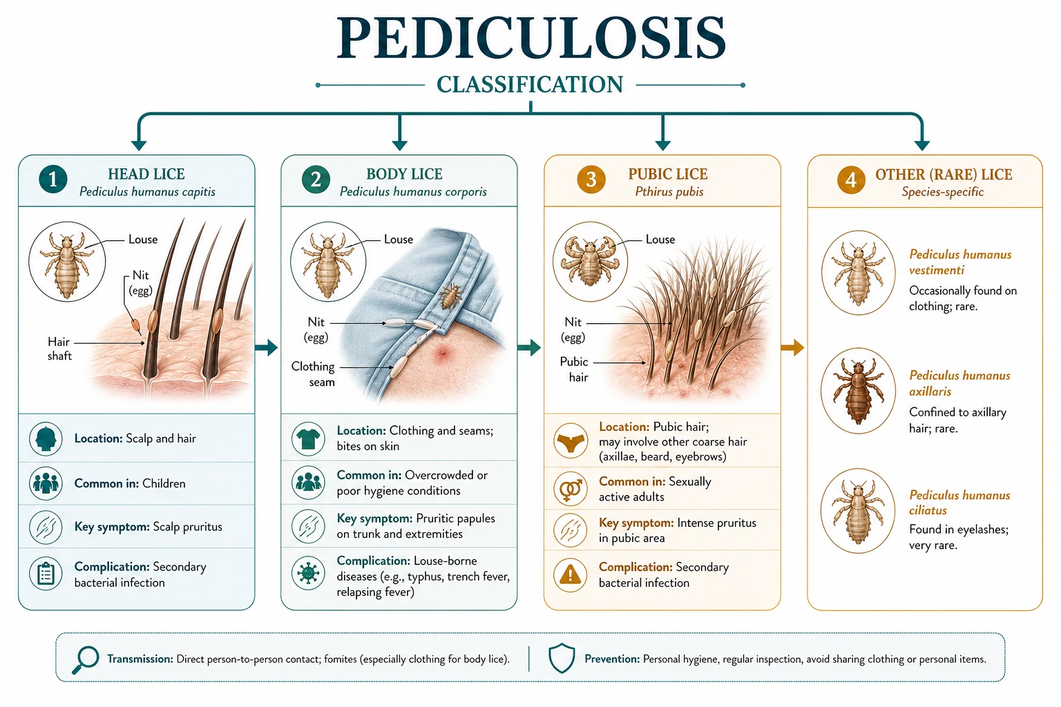 Comparison plate of the three human lice species showing head louse (elongated, on hair shaft), body louse (in clothing seam), and pubic louse (crab-like, on coarse body hair)